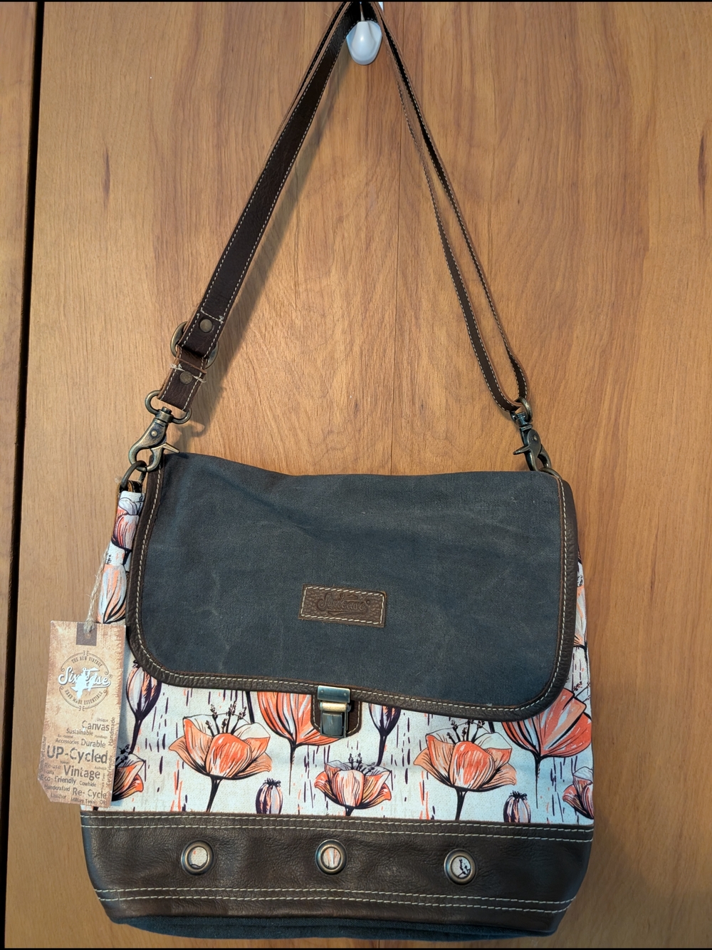 Sixtease Canvas Floral Crossbody Bag with Leather Trim - Brown & Coral